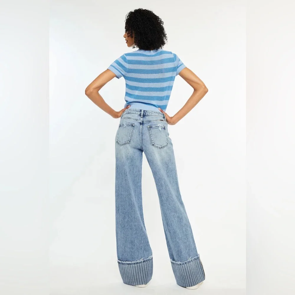 NWT KanCan High Rise Wide Leg Jeans Stripe Cuff Size 29 Medium Wash Flare - Picture 2 of 7
